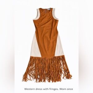 Western Fringe Sleeveless Dress in Tan and Cream
